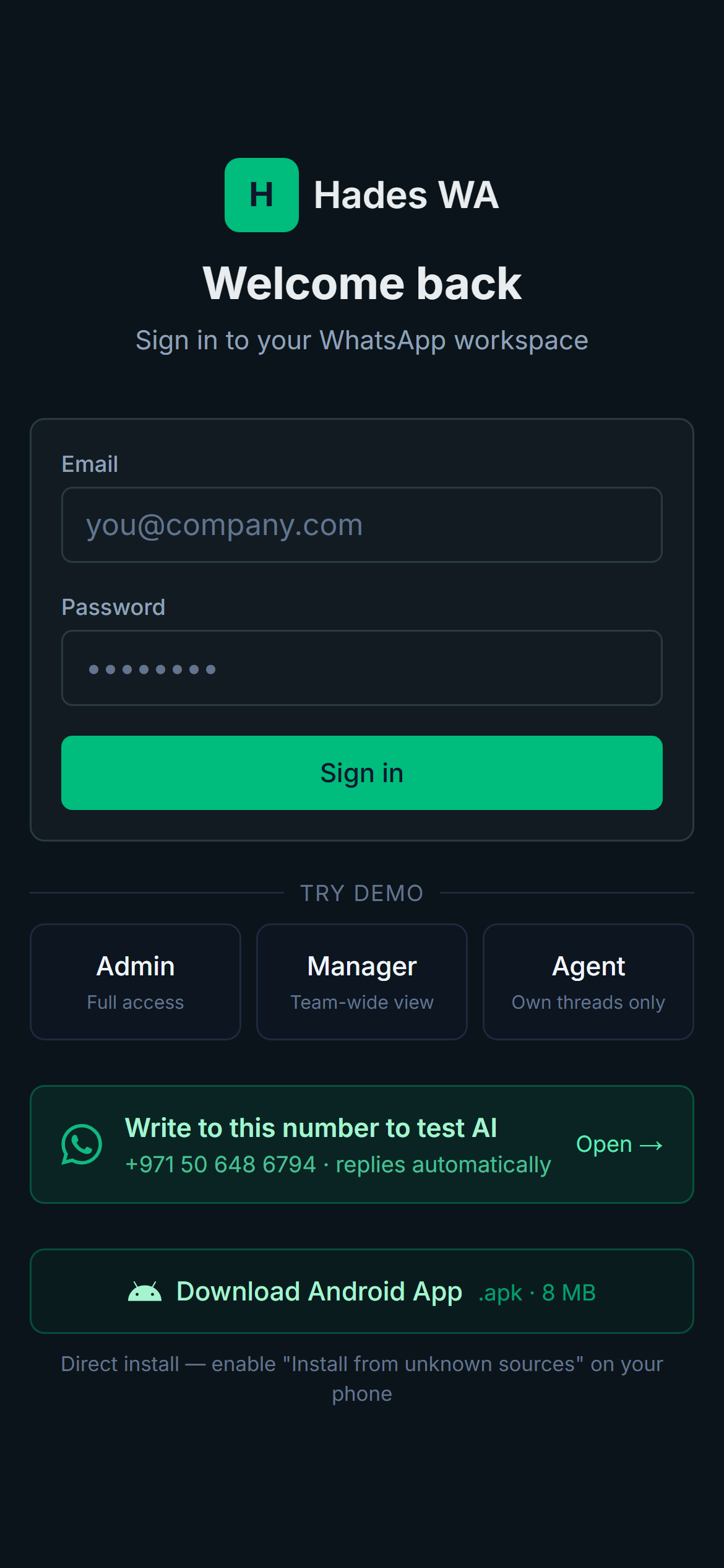 Hades WA — login page with demo credentials, Android APK download, and WhatsApp AI test link
