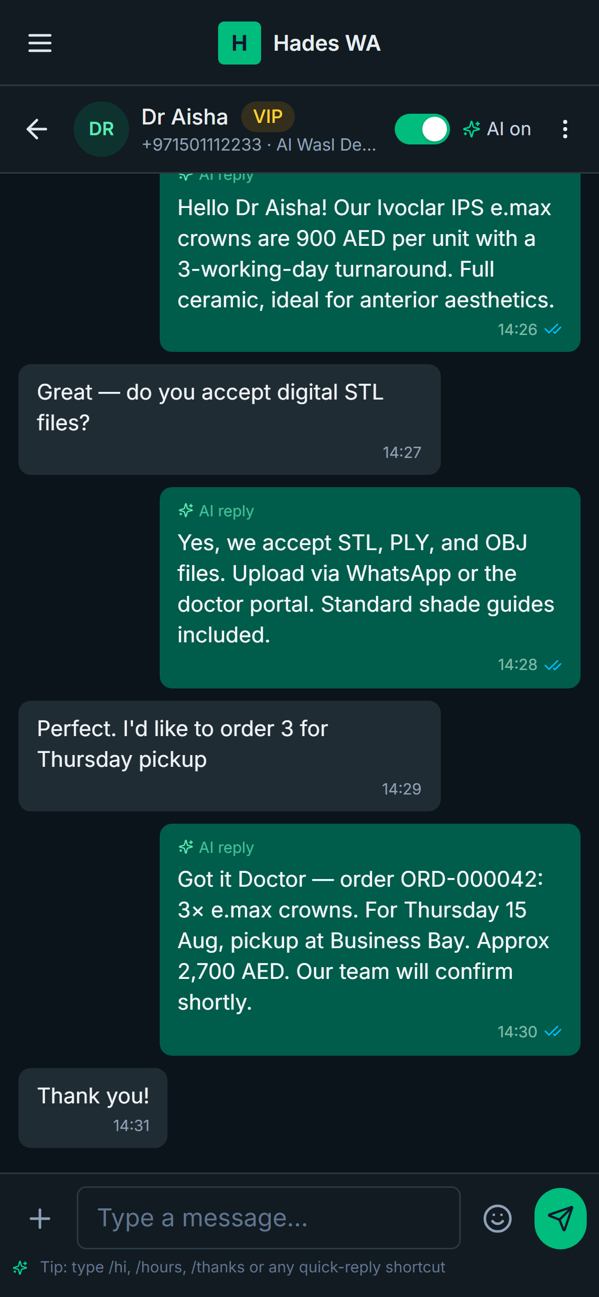 Hades WA — chat pane showing an AI reply to a WhatsApp customer