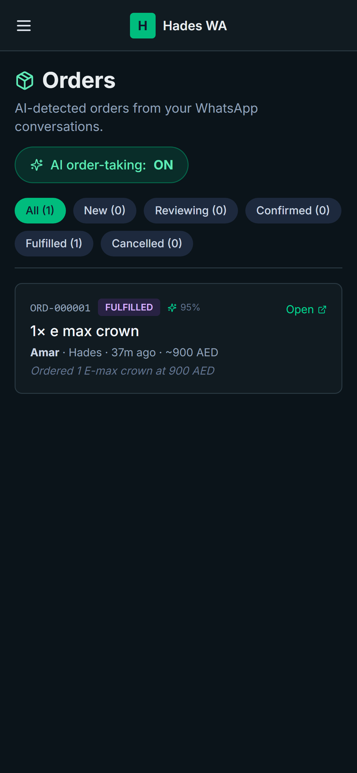 Hades WA — Orders page with AI-detected orders and status pills
