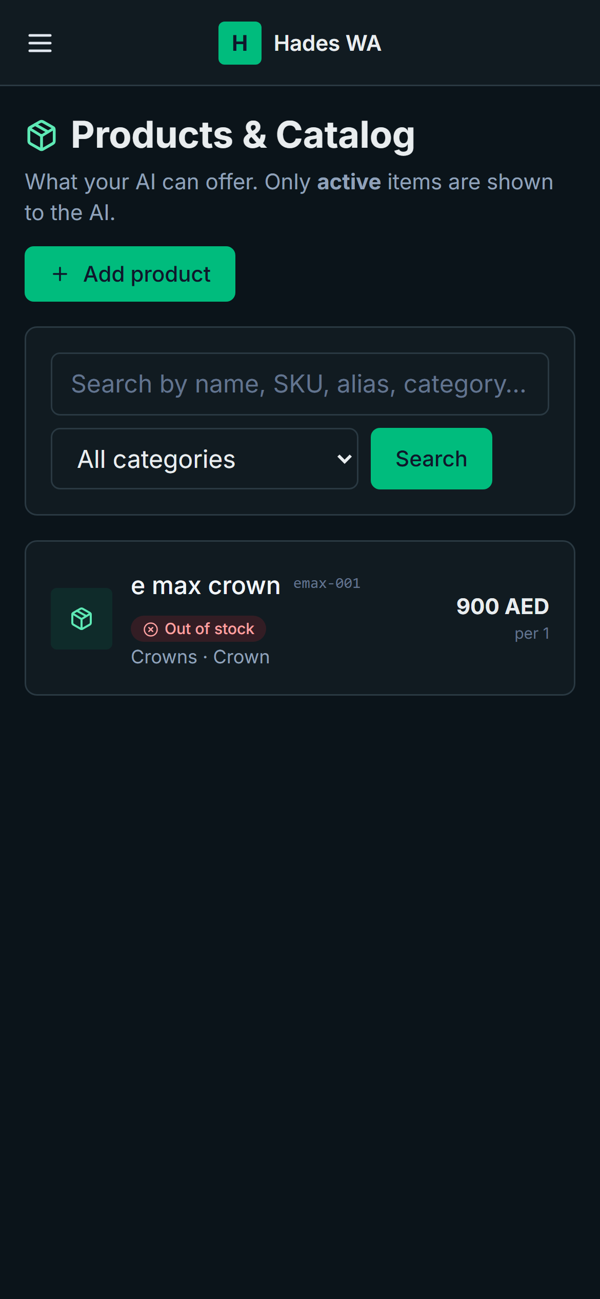 Hades WA — Products / catalog page with stock counters, low-stock and out-of-stock pills