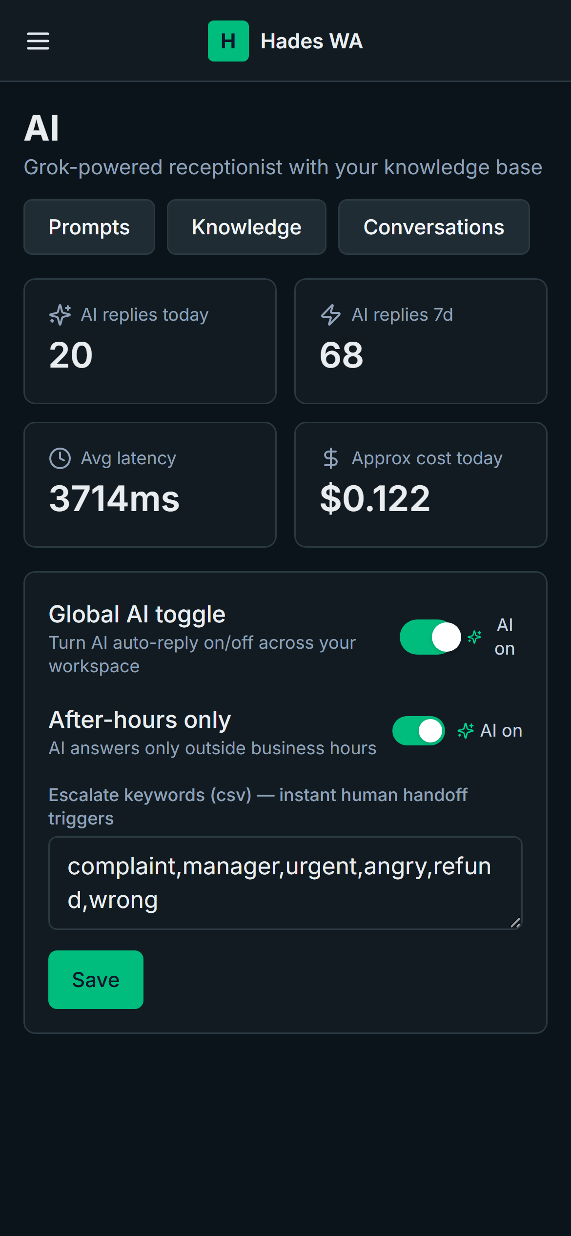 Hades WA — AI global toggle, after-hours-only mode, and escalation keywords
